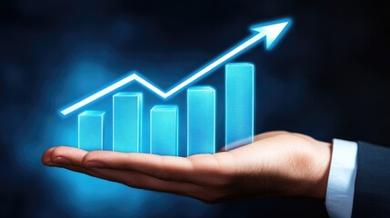 Poster - A businessman's hand illustrating strategic financial data on a high-tech blue digital screen.