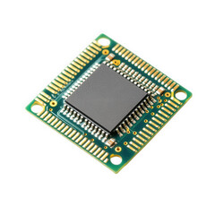 Fototapete - a microprocessor chip. featuring a square central component surrounded by gold pins on a green circuit board this chip is essential for computing functions in electronic devices. facilitating processi