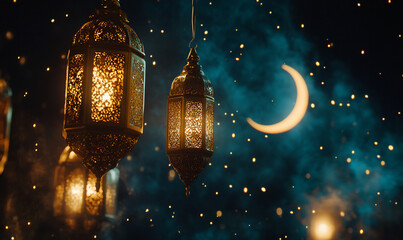 Wall Mural - Ornate lanterns illuminate a night sky with a crescent moon.