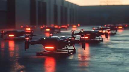 Poster - futuristic delivery drones equipped with glowing red lights stand ready for takeoff on a tarmac outs
