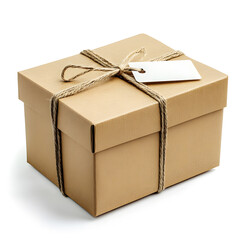 A cardboard gift box tied with rustic twine and a blank tag, showcasing eco-friendly and minimalist packaging design