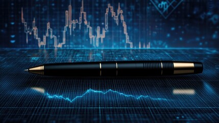 Poster - A digital pen tracing an upward graph line on a futuristic blue background with financial symbols.