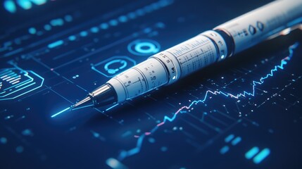 Poster - A digital pen tracing an upward graph line on a futuristic blue background with financial symbols.