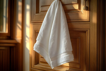 Wall Mural - in soft morning light of a sunny day, a close-up view captures pristine white towel hanging in a ric