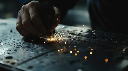 Poster - Worker uses a plasma cutter, showering sparks as they engrave intricate designs onto a metal surface, showcasing precision and craftsmanship in a dark industrial setting