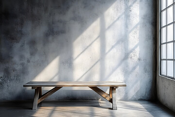 Wall Mural - an empty studio scene with concrete walls and a wooden table set against a minimalist backdrop