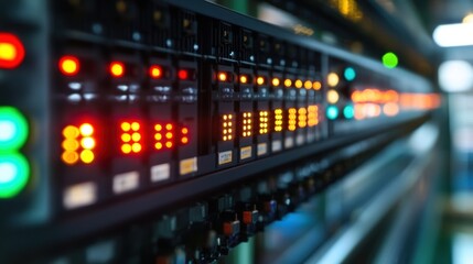 Poster - Close up view of a server rack with blinking led lights, indicating data processing and storage activity within a modern data center environment