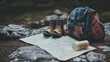 © Sampao - A hiking hobby scene with a backpack, hiking boots, and a map on a rocky surface.