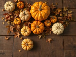 Wall Mural - Rustic wooden table with fall foliage, pumpkins, and gourds, background,rustic,harvest