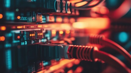 Poster - Close up of network cables plugged into servers in a data center, illuminated by blinking orange and teal lights, highlighting the complex infrastructure of modern technology