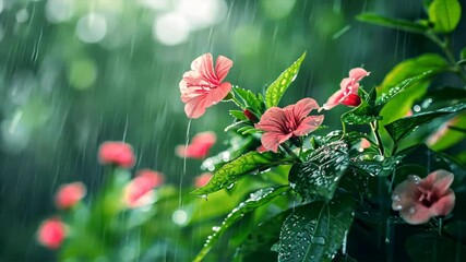 Aufkleber - Vibrant Hibiscus Flowers and Lush Green Leaves Glisten in Rain, Creating Refreshing Atmosphere in Natures Garden with Beautiful Droplets.