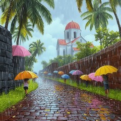 Canvas Print - Vibrant Street Scene in Tropical Rain with Colorful Umbrellas, Palm Trees, Historic Church, and Cobblestone Path | Serene Travel Destination in Rainy Season