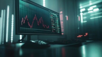 Poster - A sleek desk setup with a monitor showing trading volumes and technical indicators.