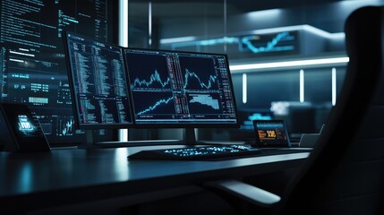 Poster - A sleek desk setup with a monitor showing trading volumes and technical indicators.