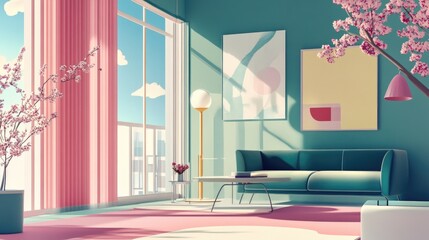 Poster - A sleek, modern Zoom background with pops of pink in decor and bold digital generative artwork.