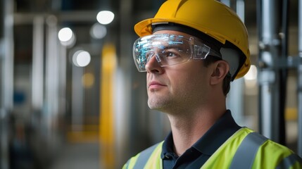 Poster - industrial engineer wearing a hardhat and augmented reality glasses analyzing data and holographic p