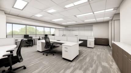 Poster - A spacious office with white desks, black ergonomic chairs, and soft natural light from the windows.