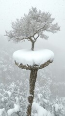 Canvas Print - Stunning Snow-Covered Tree on Isolated Rock Formation in Winter Wonderland Forest - Serenity in Nature's Unique Scenic Landscape, Captivating Snowy Wilderness Beauty