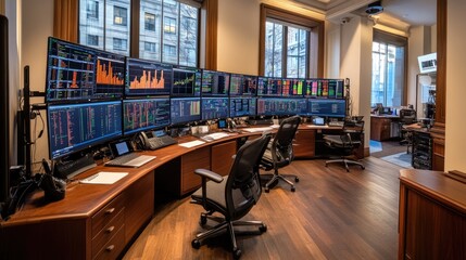 Poster - A trading desk with colorful graphs on screens and a notepad for strategic planning.