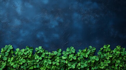 Lush green shamrocks border dark blue background.