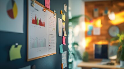 Poster - A trading strategy board with graphs and notes pinned under a soft light.