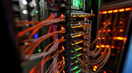 Aufkleber - numerous cables crisscrossing through servers in a data center, forming an intricate network of blin