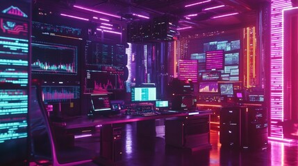 Poster - A vibrant workspace with glowing charts and colorful market trend analytics.