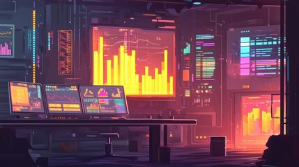 Poster - A vibrant workspace with glowing charts and colorful market trend analytics.