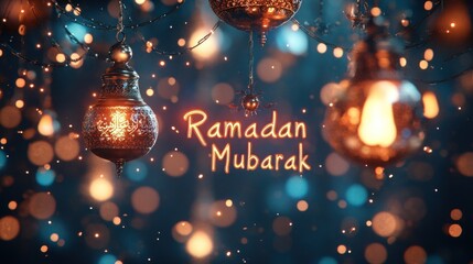 Sticker - Glowing lanterns with Arabic calligraphy on a bokeh background wish Ramadan Mubarak. Ideal for social media posts and greeting cards.