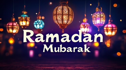 Poster - A beautiful Ramadan Mubarak image featuring colorful hanging lanterns. Perfect for social media posts or greeting cards during the holy month.