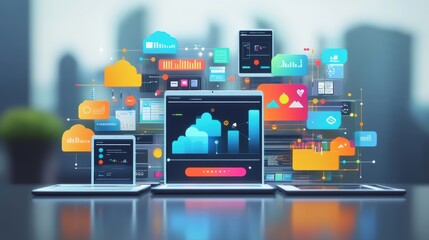 Poster - Cloud computing network connecting digital devices, featuring a vibrant data management interface with icons and visualization elements representing seamless data synchronization