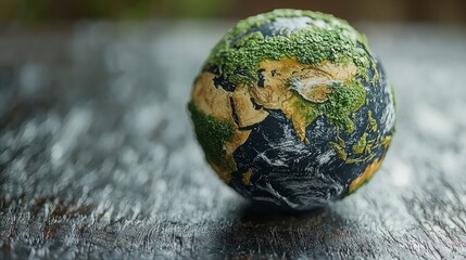 Wall Mural - Overgrown miniature Earth globe on dark wood.