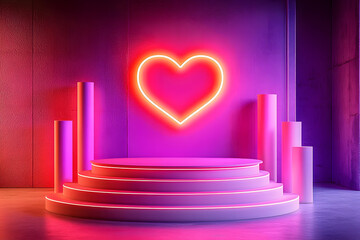 Wall Mural - A 3D podium Valentine's Day background featuring pink, red, and white cylinder pedestals, a glowing neon heart-shaped backdrop, geometric platforms, and a minimal wall scene, designed for mockup produ