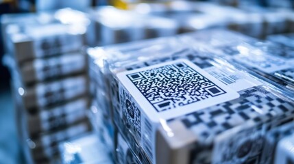 Poster - cardboard boxes with qr codes and barcodes stacked in a warehouse, ready for delivery, symbolizing e
