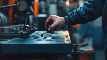 Poster - Close up of a factory worker's hand carefully placing a metal component into a complex piece of industrial machinery, highlighting precision and expertise in a manufacturing setting
