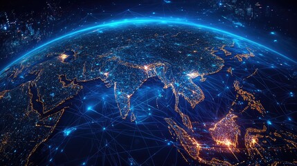 Poster - Digital map of Asia, concept of global network and connectivity, data transfer and cyber technology, business exchange, information and telecommunication