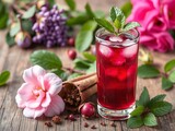 Rose colored syrup drink made with herbs, fruits, vegetables, flowers, and roots in a refreshing and aromatic rooh afza rose water drink, vegetables, syrup