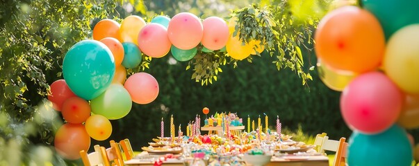 Wall Mural - A beautiful green meadow birthday table, decorated with colorful balloons and sunlit accents