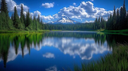Poster - Majestic Mountain Reflected in Crystal Clear Lake Surrounded by Dense Evergreen Forest : Generative AI