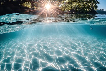 Wall Mural - Scenic Ocean View Sunlight Reflecting in Crystal Clear Water Under Trees : Generative AI