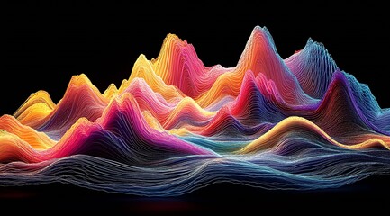 Leinwandbilder - Vibrant Abstract 3D Waveforms with Multicolored Flowing Lines against Black : Generative AI