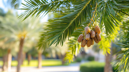 Wall Mural - Close-up of palm tree branches with clusters of dates.