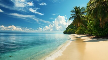 Poster - Sunny Tropical Beach with Palm Trees Against Deep Blue Ocean Waters and Lush Green Foliage : Generative AI