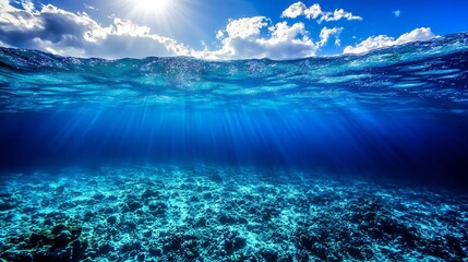 Poster - Stunning Underwater Ocean View with Sunlight Rays and Vibrant Blue Water : Generative AI