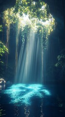 Poster - Sunlit Cenote with Water Reflection and Hanging Vines in Lush Greenery : Generative AI