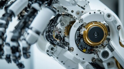Poster - close up of a robotic arm revealing intricate internal mechanics, gears, wiring, and electronic comp