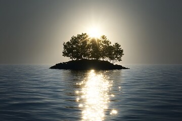 Poster - Serene Island with Trees in Calm Ocean Sunlight Reflection : Generative AI