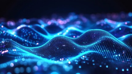 Poster - Abstract Digital Waves with Neon Light Particles in Futuristic Cyber Theme : Generative AI