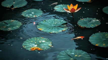Poster - Tranquil Pond Scene with Vibrant Lotus and Koi Fish Amongst Water Lilies : Generative AI