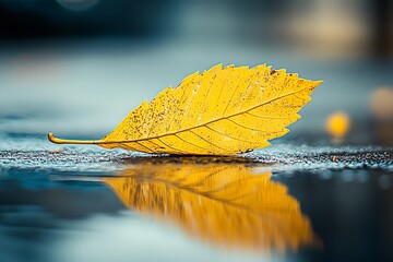 Aufkleber - Vivid Yellow Leaf Resting on Wet Road with Reflective Surface in Soft Focus Autumn Scene : Generative AI